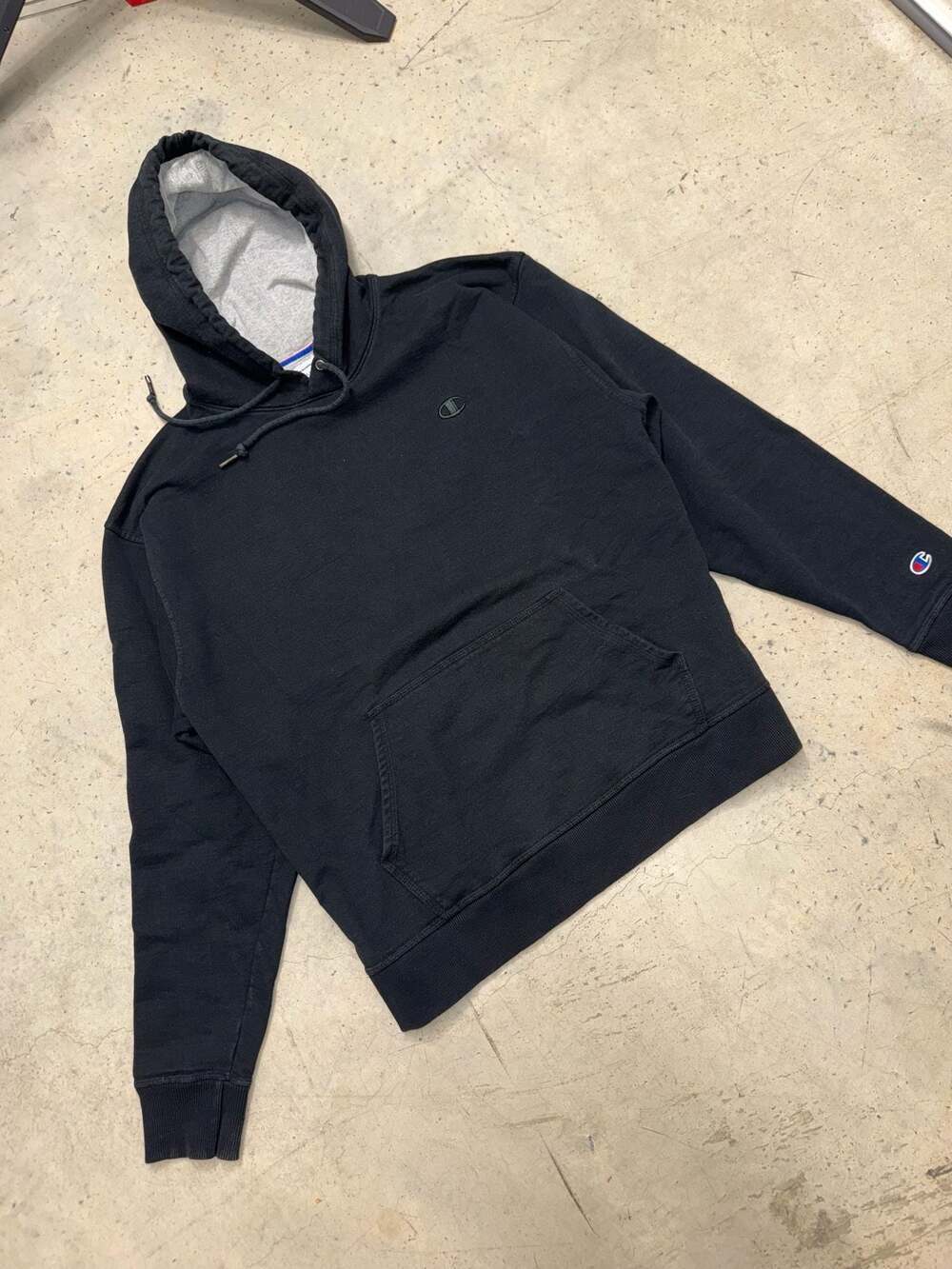 Champion Reverse Weave Powerblend Black Pullover Hoodie with Gray Lined Hood
